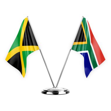 Two table flags isolated on white background 3d illustration, jamaica and south africa
