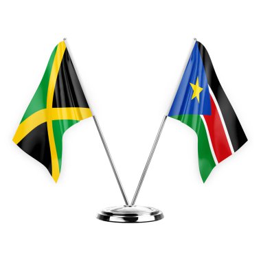 Two table flags isolated on white background 3d illustration, jamaica and south sudan