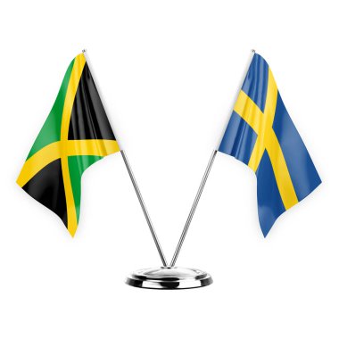 Two table flags isolated on white background 3d illustration, jamaica and sweden