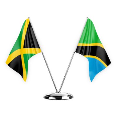 Two table flags isolated on white background 3d illustration, jamaica and tanzania