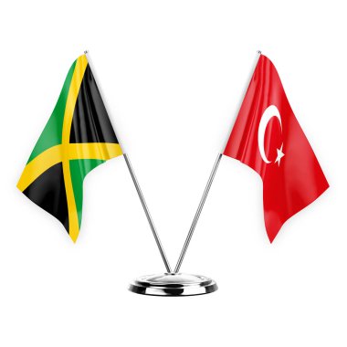 Two table flags isolated on white background 3d illustration, jamaica and turkey