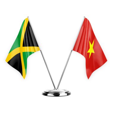 Two table flags isolated on white background 3d illustration, jamaica and vietnam