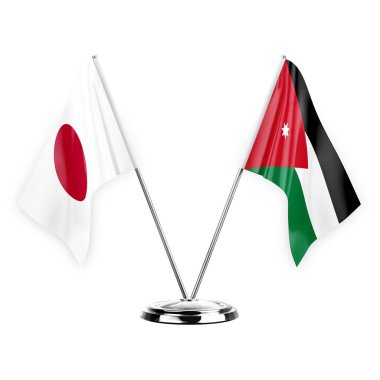 Two table flags isolated on white background 3d illustration, japan and jordan