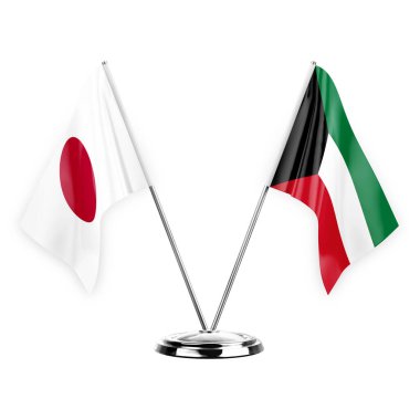 Two table flags isolated on white background 3d illustration, japan and kuwait