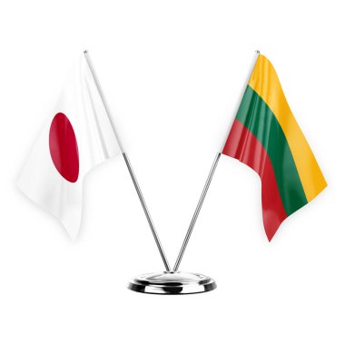 Two table flags isolated on white background 3d illustration, japan and lithuania