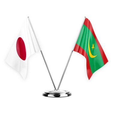 Two table flags isolated on white background 3d illustration, japan and mauritania