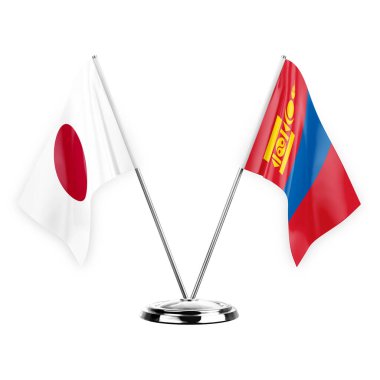 Two table flags isolated on white background 3d illustration, japan and mongolia