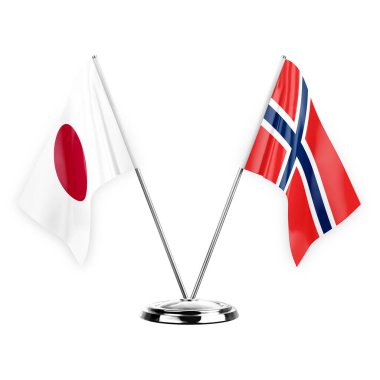 Two table flags isolated on white background 3d illustration, japan and norway