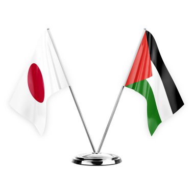 Two table flags isolated on white background 3d illustration, japan and palestine