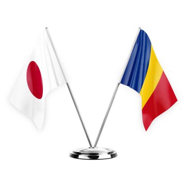 Two table flags isolated on white background 3d illustration, japan and romania