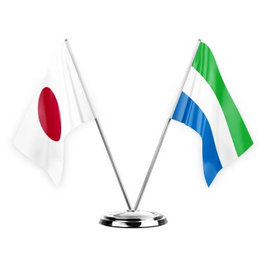Two table flags isolated on white background 3d illustration, japan and sierra leone