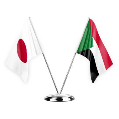 Two table flags isolated on white background 3d illustration, japan and sudan