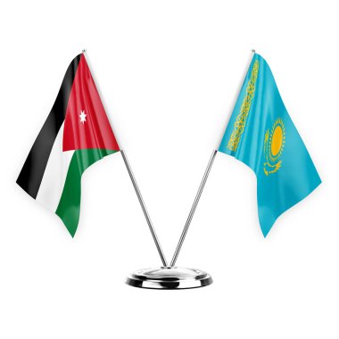 Two table flags isolated on white background 3d illustration, jordan and kazakhstan