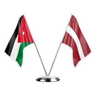 Two table flags isolated on white background 3d illustration, jordan and latvia