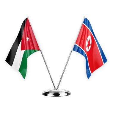 Two table flags isolated on white background 3d illustration, jordan and north korea
