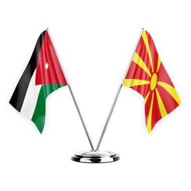 Two table flags isolated on white background 3d illustration, jordan and north macedonia