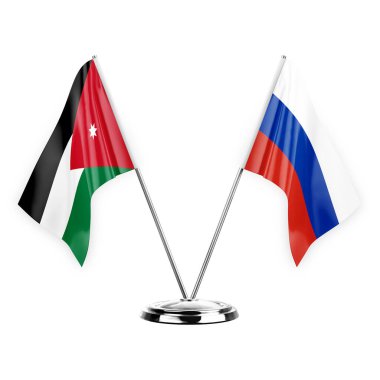 Two table flags isolated on white background 3d illustration, jordan and russia