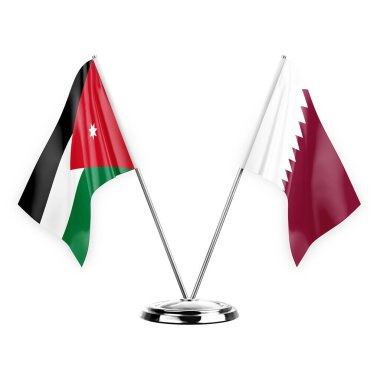 Two table flags isolated on white background 3d illustration, jordan and qatar
