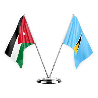 Two table flags isolated on white background 3d illustration, jordan and saint lucia
