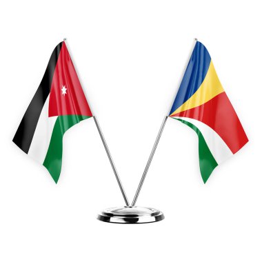 Two table flags isolated on white background 3d illustration, jordan and seychelles
