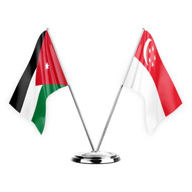Two table flags isolated on white background 3d illustration, jordan and singapore