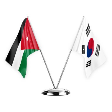 Two table flags isolated on white background 3d illustration, jordan and south korea