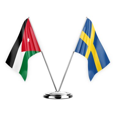 Two table flags isolated on white background 3d illustration, jordan and sweden
