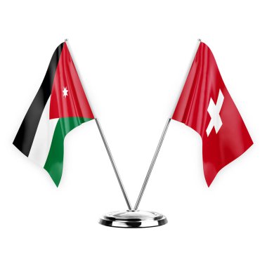 Two table flags isolated on white background 3d illustration, jordan and switzerland