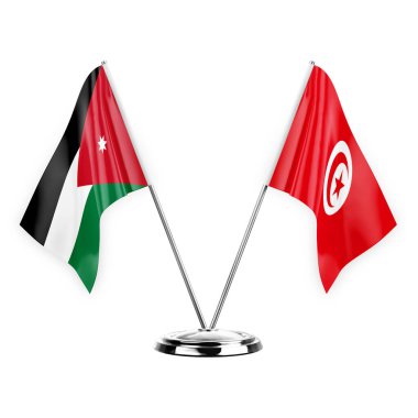 Two table flags isolated on white background 3d illustration, jordan and tunisia