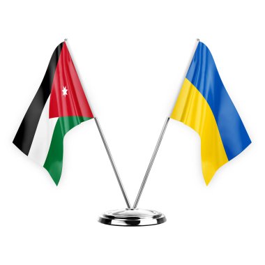 Two table flags isolated on white background 3d illustration, jordan and ukraine
