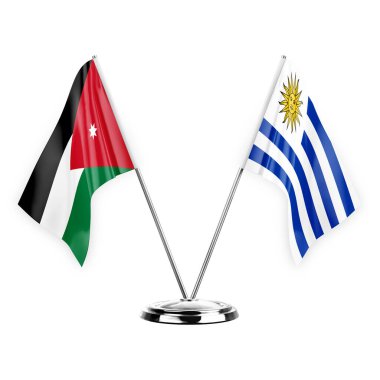 Two table flags isolated on white background 3d illustration, jordan and uruguay