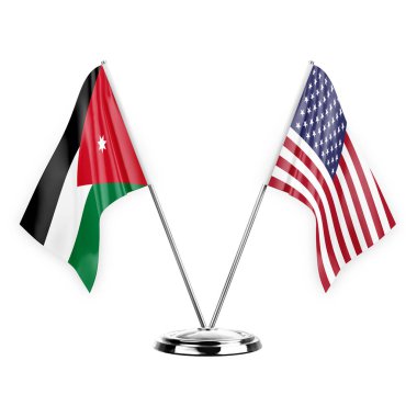 Two table flags isolated on white background 3d illustration, jordan and usa