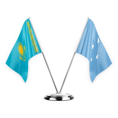 Two table flags isolated on white background 3d illustration, kazakhstan and micronesia