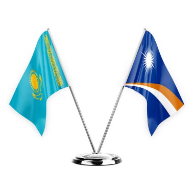 Two table flags isolated on white background 3d illustration, kazakhstan and marshall islands