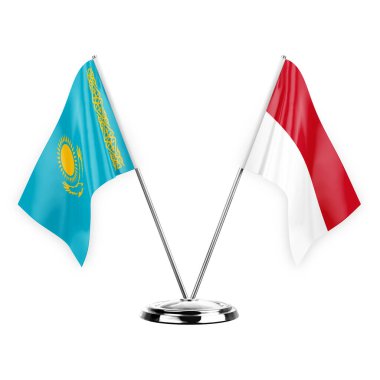 Two table flags isolated on white background 3d illustration, kazakhstan and monaco