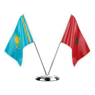 Two table flags isolated on white background 3d illustration, kazakhstan and morocco