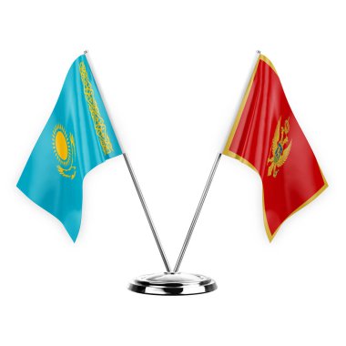 Two table flags isolated on white background 3d illustration, kazakhstan and montenegro