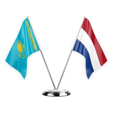 Two table flags isolated on white background 3d illustration, kazakhstan and netherlands
