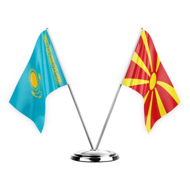 Two table flags isolated on white background 3d illustration, kazakhstan and north macedonia