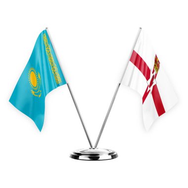 Two table flags isolated on white background 3d illustration, kazakhstan and ireland