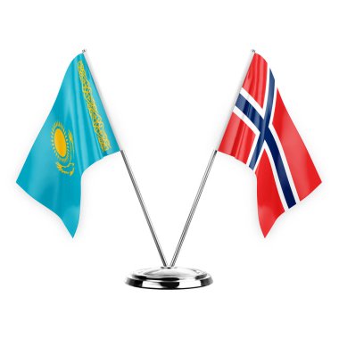 Two table flags isolated on white background 3d illustration, kazakhstan and norway