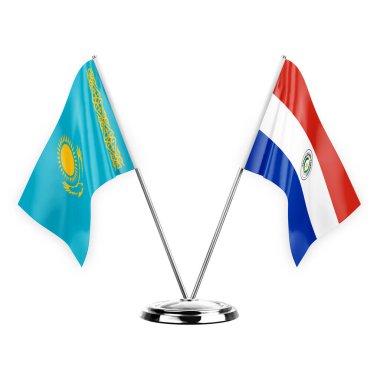 Two table flags isolated on white background 3d illustration, kazakhstan and paraguay
