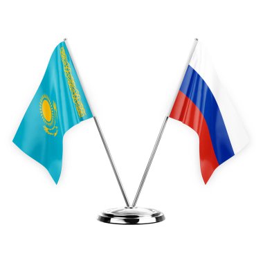Two table flags isolated on white background 3d illustration, kazakhstan and russia
