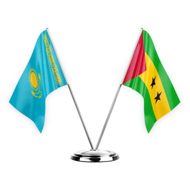 Two table flags isolated on white background 3d illustration, kazakhstan and sao tome and principe