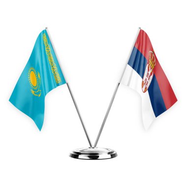 Two table flags isolated on white background 3d illustration, kazakhstan and serbia