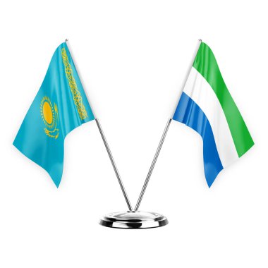 Two table flags isolated on white background 3d illustration, kazakhstan and sierra leone