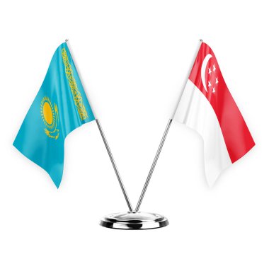 Two table flags isolated on white background 3d illustration, kazakhstan and singapore