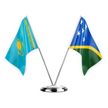 Two table flags isolated on white background 3d illustration, kazakhstan and solomon islands
