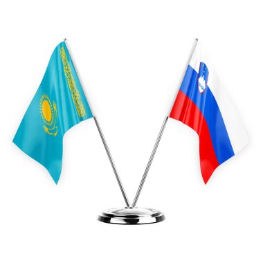 Two table flags isolated on white background 3d illustration, kazakhstan and slovenia