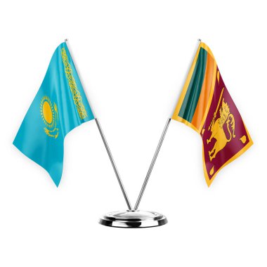 Two table flags isolated on white background 3d illustration, kazakhstan and sri lanka